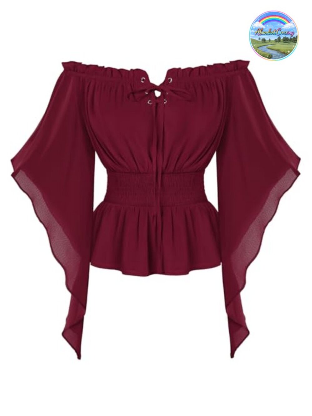 Renaissance Chiffon Blouse Off Shoulder Bell Sleeve Lace-Up Smocked Waist